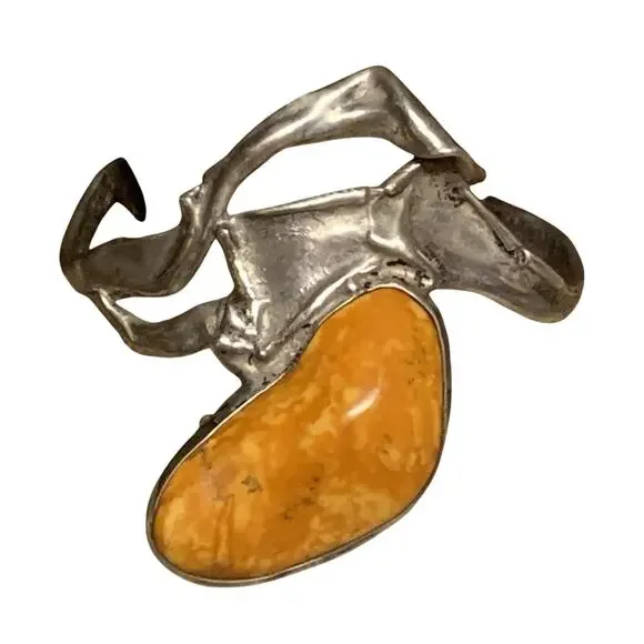 Artisan Made Eclectic Sterling Silver and Amber??? Statement Cuff Bracelet - Picture 9 of 11